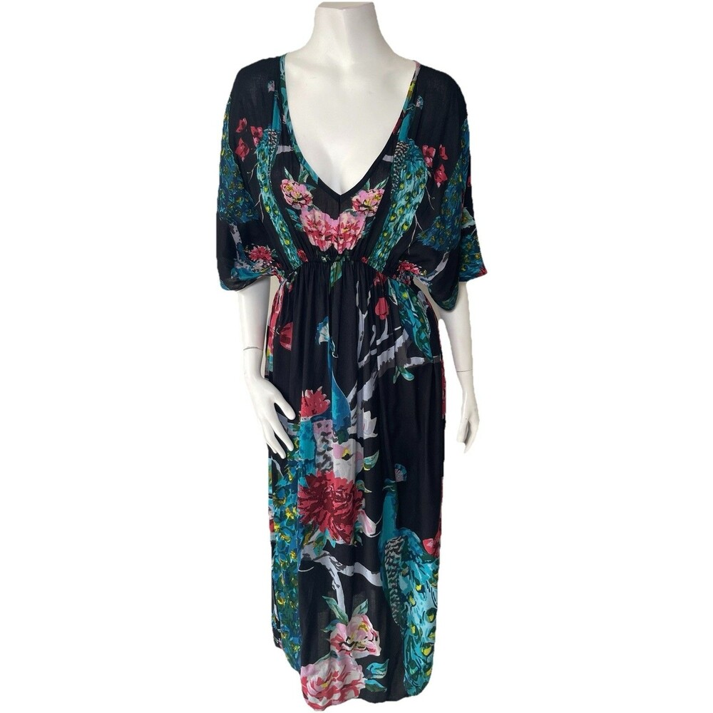 Workd Market Peacock Floral Kaftan Mumu Maxi Dress S/M‎ Boho Resort Vacation